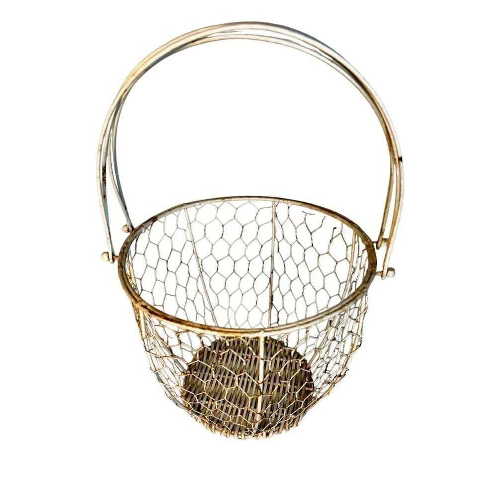 Vintage Wire & Wicker Basket with Handles Egg Basket Cottagecore Grannycore